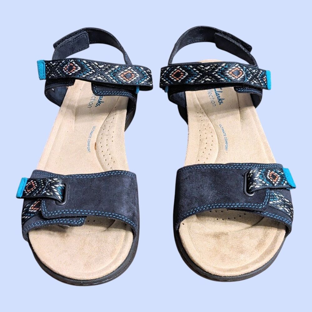 Clarks Amanda Sprint Women’s 9.5 M Blue Suede Aztec Design Strappy Sandals
